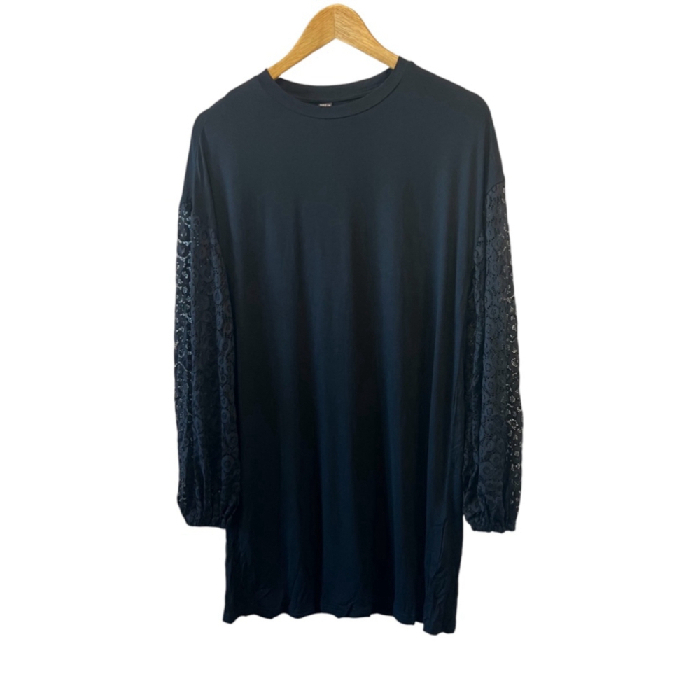 NWOT SHEIN Black Lace Sleeve Stretch Crew Neck Short Long Sleeve Mini Dress XS